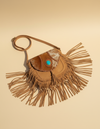 Tan Suede Hair-On Leather Crossbody – Turquoise-Blue Stone and Fringe