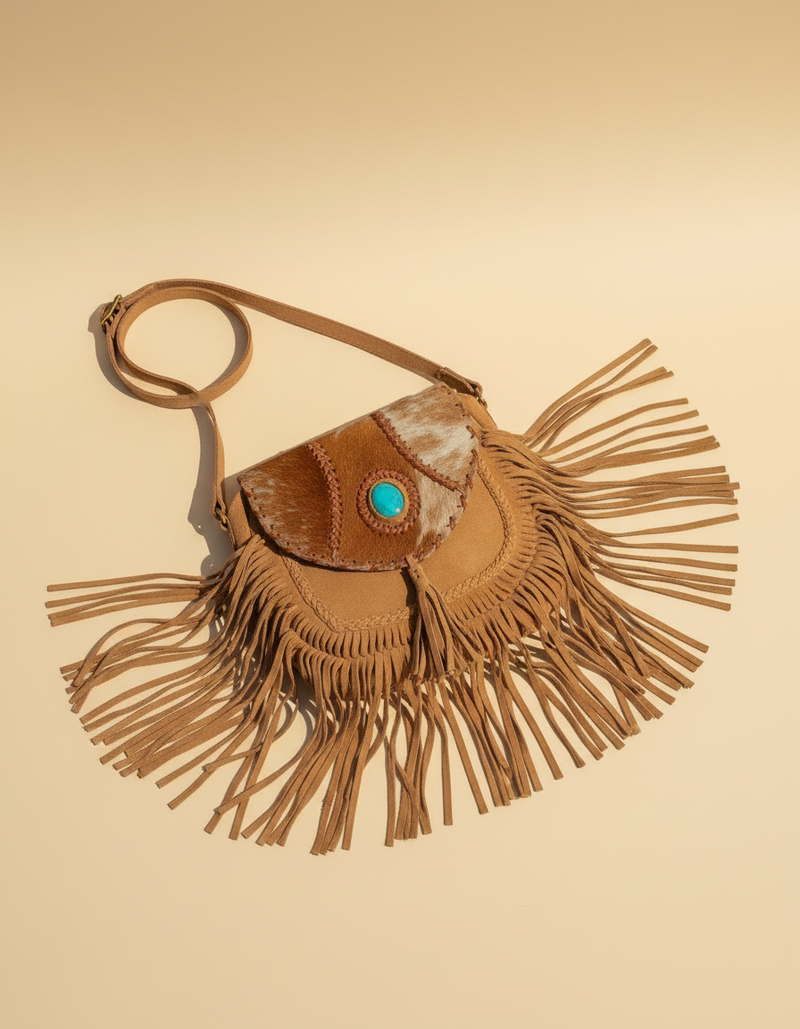 Tan Suede Hair-On Leather Crossbody – Turquoise-Blue Stone and Fringe