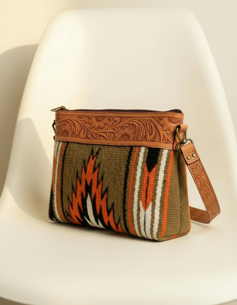 Olive Woven Serape Crossbody – Hand-Tooled Sunflower Leather Trim