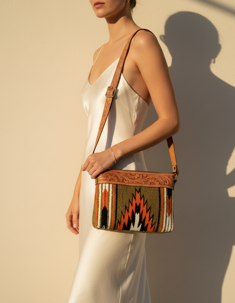 Olive Woven Serape Crossbody – Hand-Tooled Sunflower Leather Trim