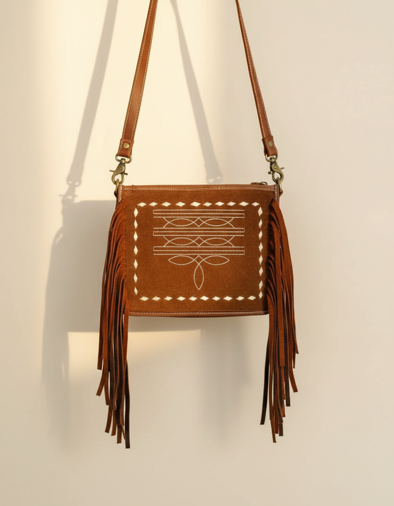 Whiskey Brown Suede Fringe Crossbody – Cowboy Boot Stitch Front
