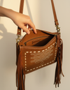 Whiskey Brown Suede Fringe Crossbody – Cowboy Boot Stitch Front