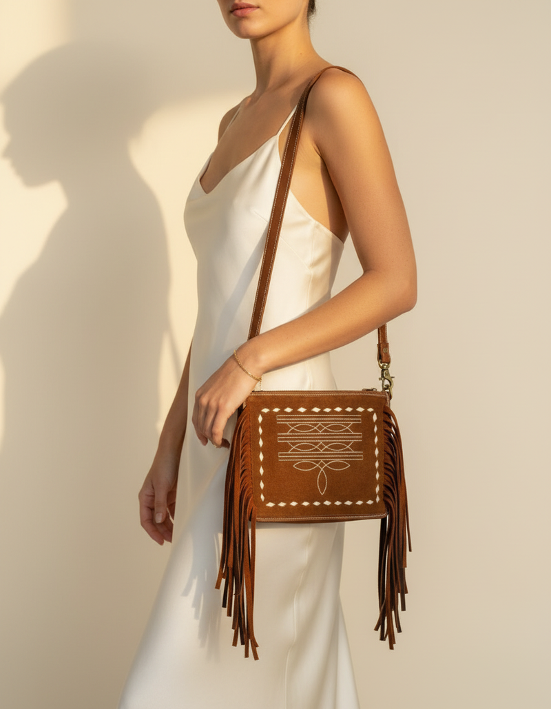 Whiskey Brown Suede Fringe Crossbody – Cowboy Boot Stitch Front