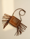 Whiskey Brown Suede Fringe Crossbody – Cowboy Boot Stitch Front