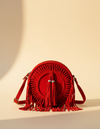 Red Suede Round Crossbody – Braided Sunburst and Twin Tassels