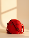 Red Suede Round Crossbody – Braided Sunburst and Twin Tassels
