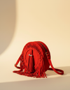 Red Suede Round Crossbody – Braided Sunburst and Twin Tassels