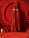 Red Suede Round Crossbody – Braided Sunburst and Twin Tassels