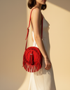 Red Suede Round Crossbody – Braided Sunburst and Twin Tassels