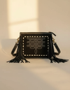 Black Leather Bootstitch Crossbody – Long Fringe and Diamond Border