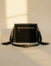 Black Leather Bootstitch Crossbody – Long Fringe and Diamond Border