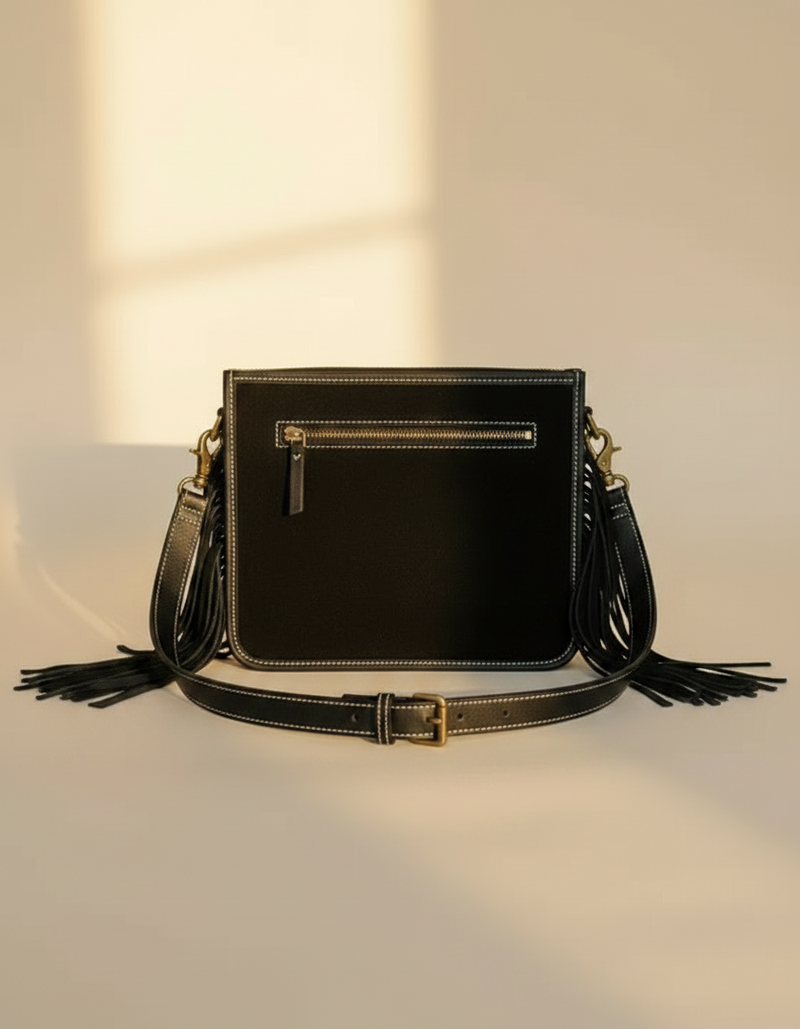 Black Leather Bootstitch Crossbody – Long Fringe and Diamond Border