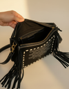 Black Leather Bootstitch Crossbody – Long Fringe and Diamond Border
