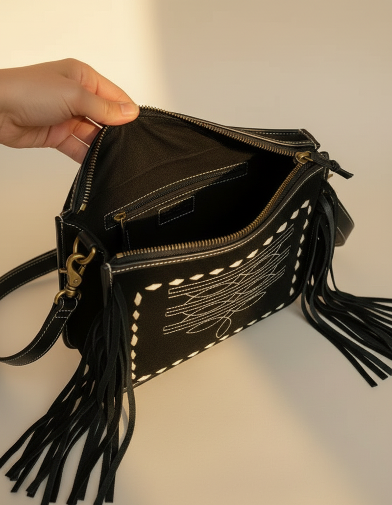 Black Leather Bootstitch Crossbody – Long Fringe and Diamond Border
