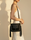 Black Leather Bootstitch Crossbody – Long Fringe and Diamond Border