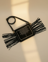 Black Leather Bootstitch Crossbody – Long Fringe and Diamond Border