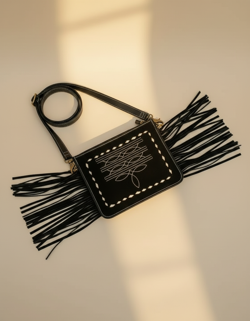 Black Leather Bootstitch Crossbody – Long Fringe and Diamond Border