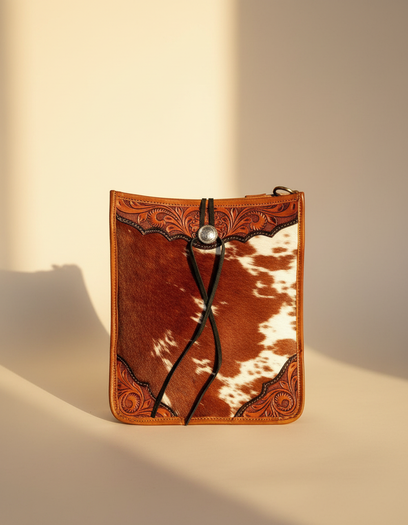 Brown Hair-On Leather Crossbody – Hand-Tooled Corners and Concho