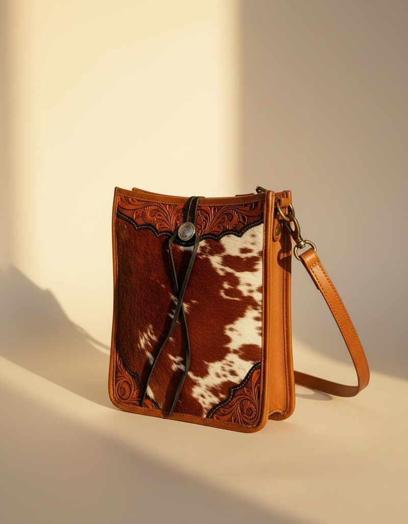 Brown Hair-On Leather Crossbody – Hand-Tooled Corners and Concho