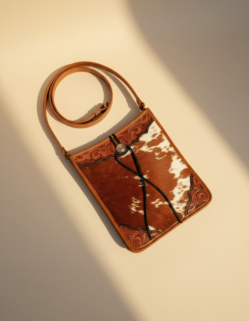 Brown Hair-On Leather Crossbody – Hand-Tooled Corners and Concho