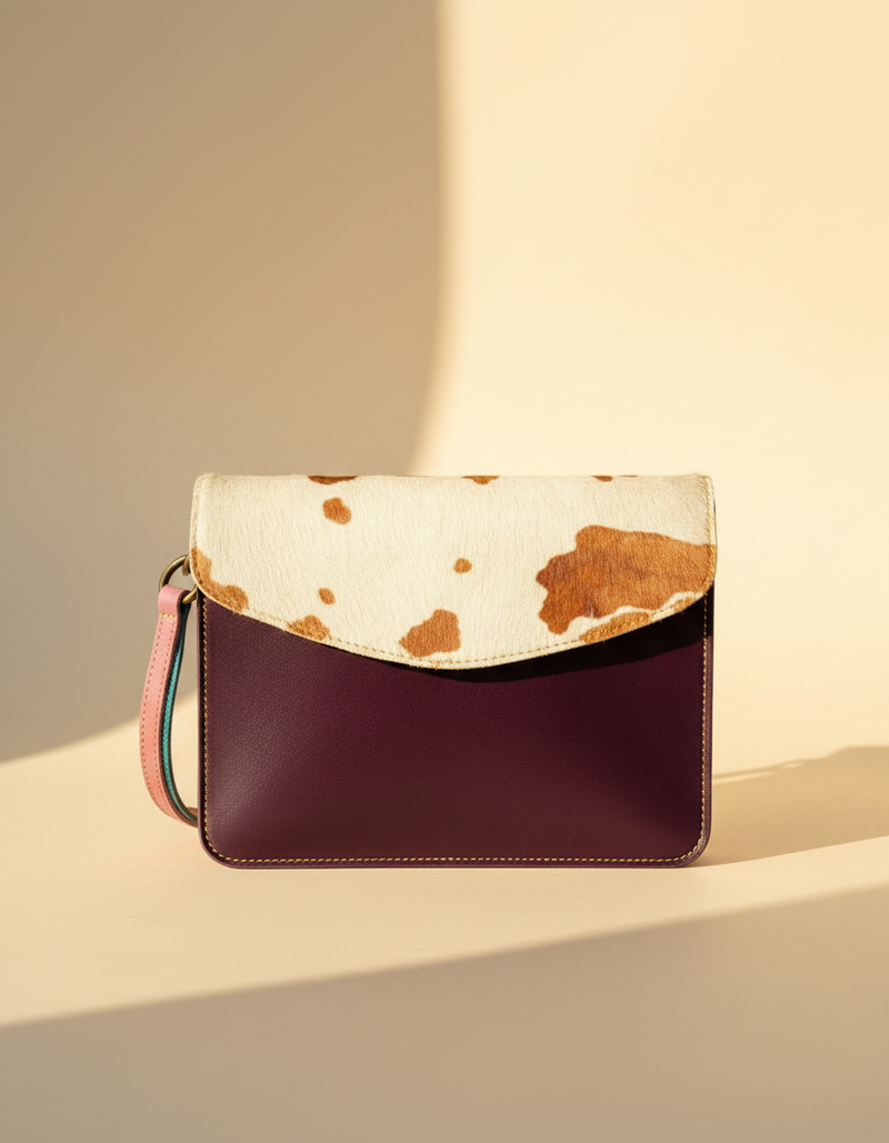 Plum Hair-On Leather Crossbody – Spotted Flap and Colour-Block Sides