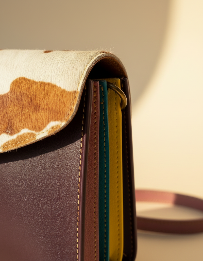 Plum Hair-On Leather Crossbody – Spotted Flap and Colour-Block Sides