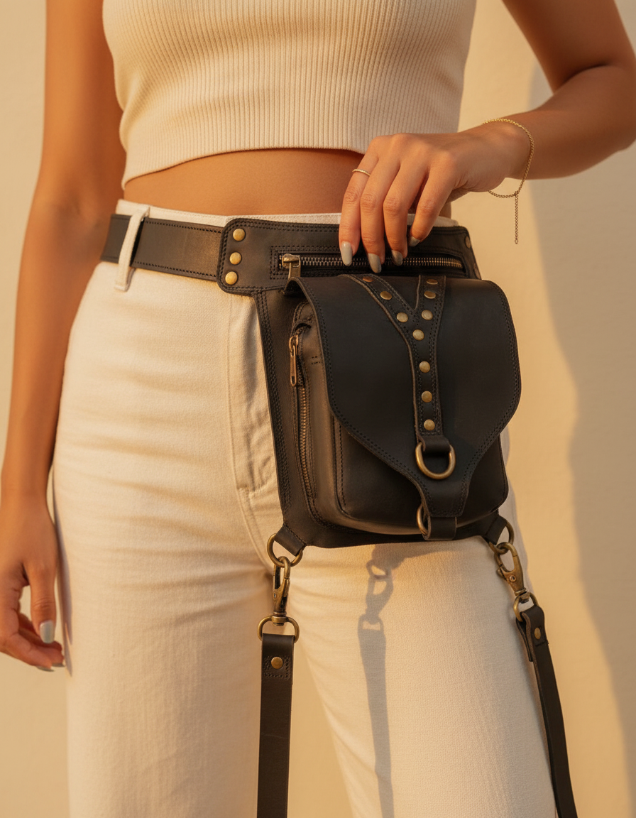 Handmade leather leg holster bag for festivals and travel