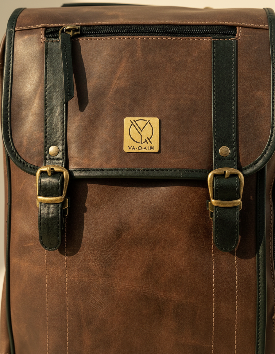 Close-up of logo plate and buckle straps on brown leather