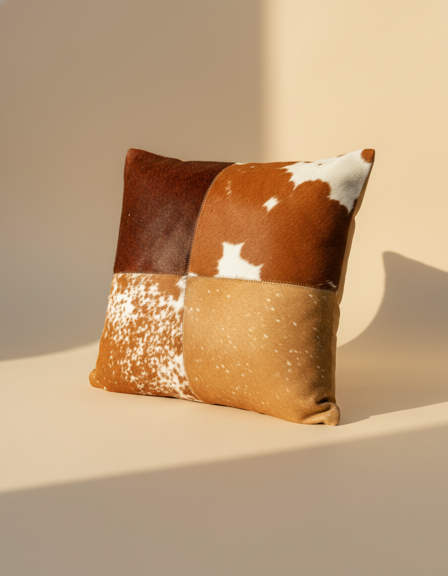 Tan and brown patchwork hair-on cushion cover, angled view