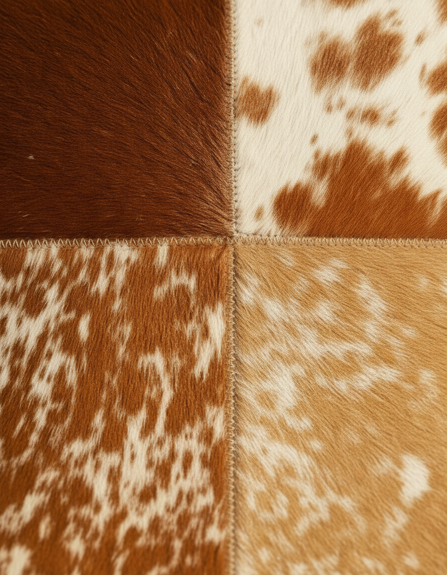 Close-up of brown, white and speckled tan hair-on panels