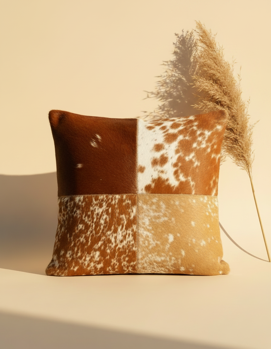 Tan hair-on leather cushion cover styled with dried pampas grass