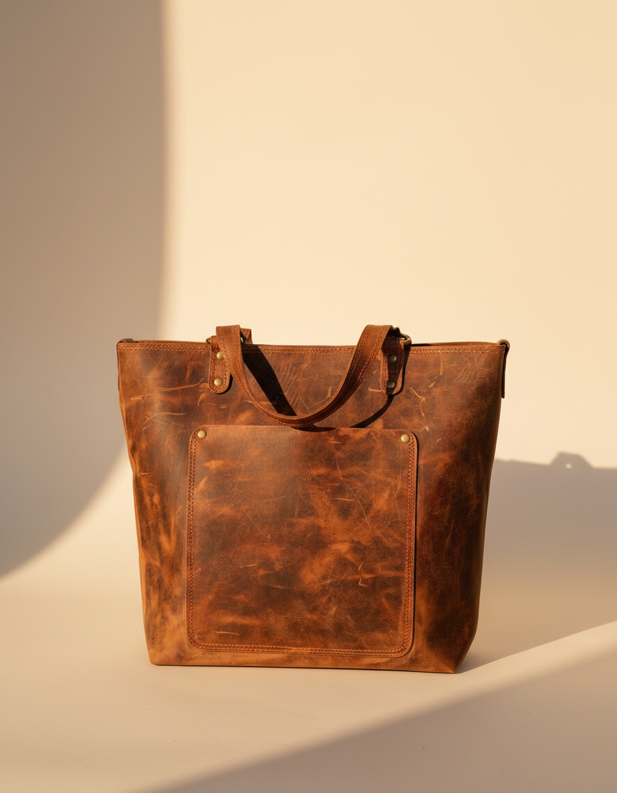 Tan Full Grain Leather Tote Bag | Ya Qalbi