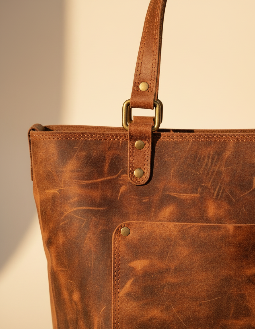 Tan Full Grain Leather Tote Bag | Ya Qalbi