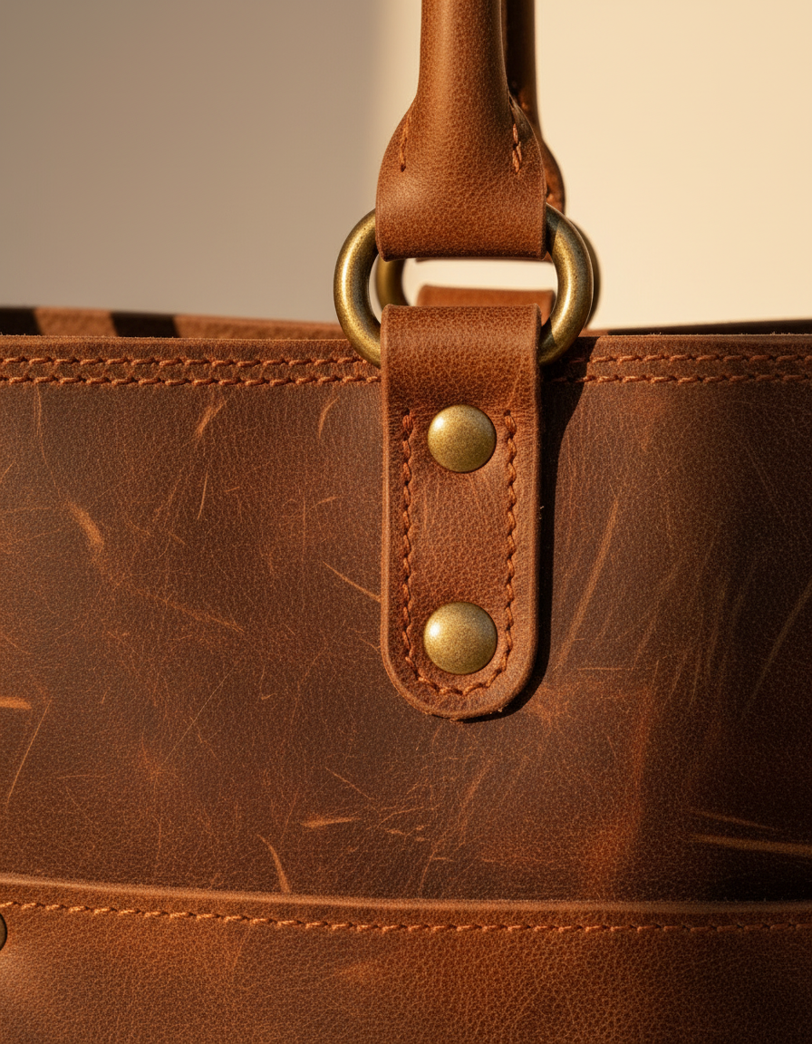 Branded handmade work tote bag in genuine full-grain leather