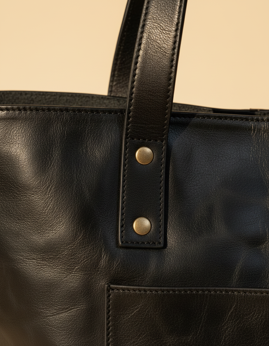 Black Full Grain Leather Tote Bag | Ya Qalbi