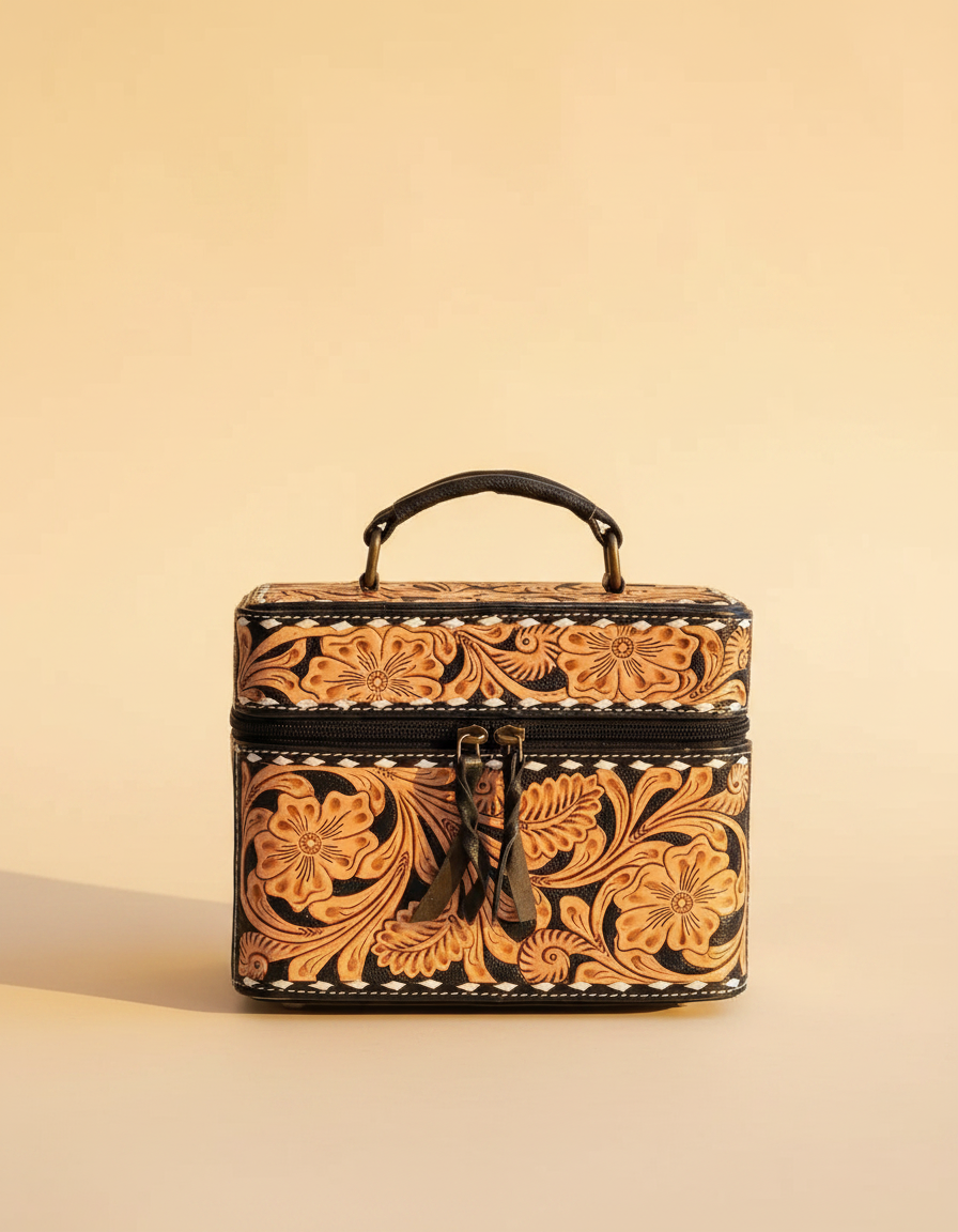Black hand-tooled leather vanity case by Ya Qalbi