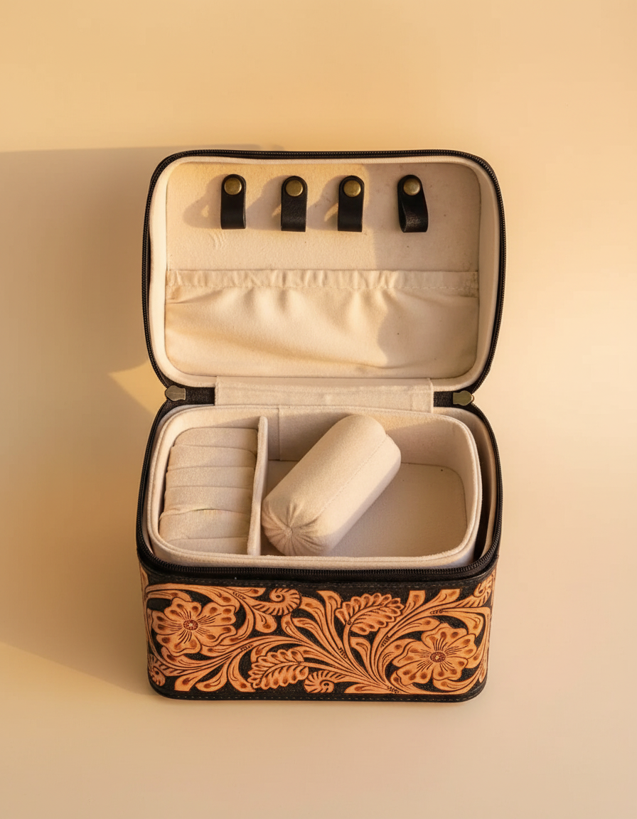 Western artisan leather cosmetic vanity case for travel