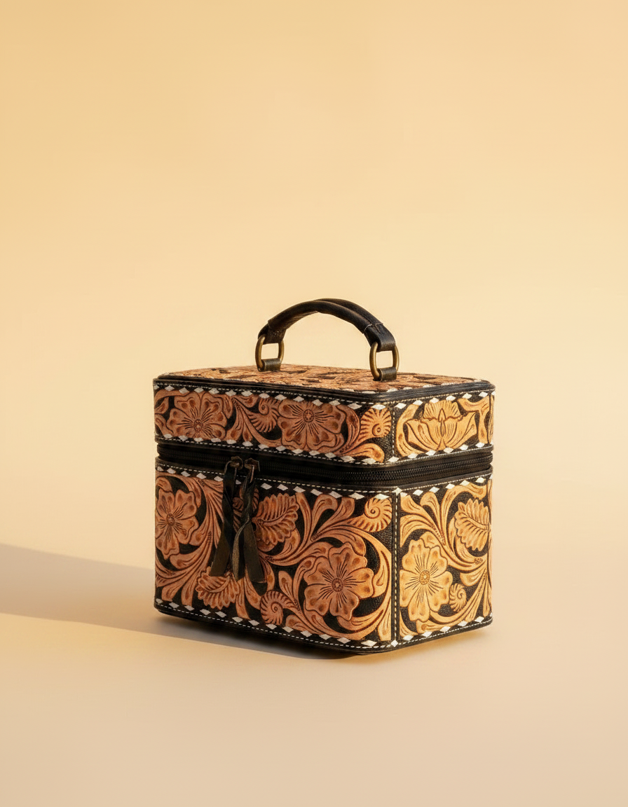 Hand-tooled leather makeup bag with hair-on cowhide and brass hardware