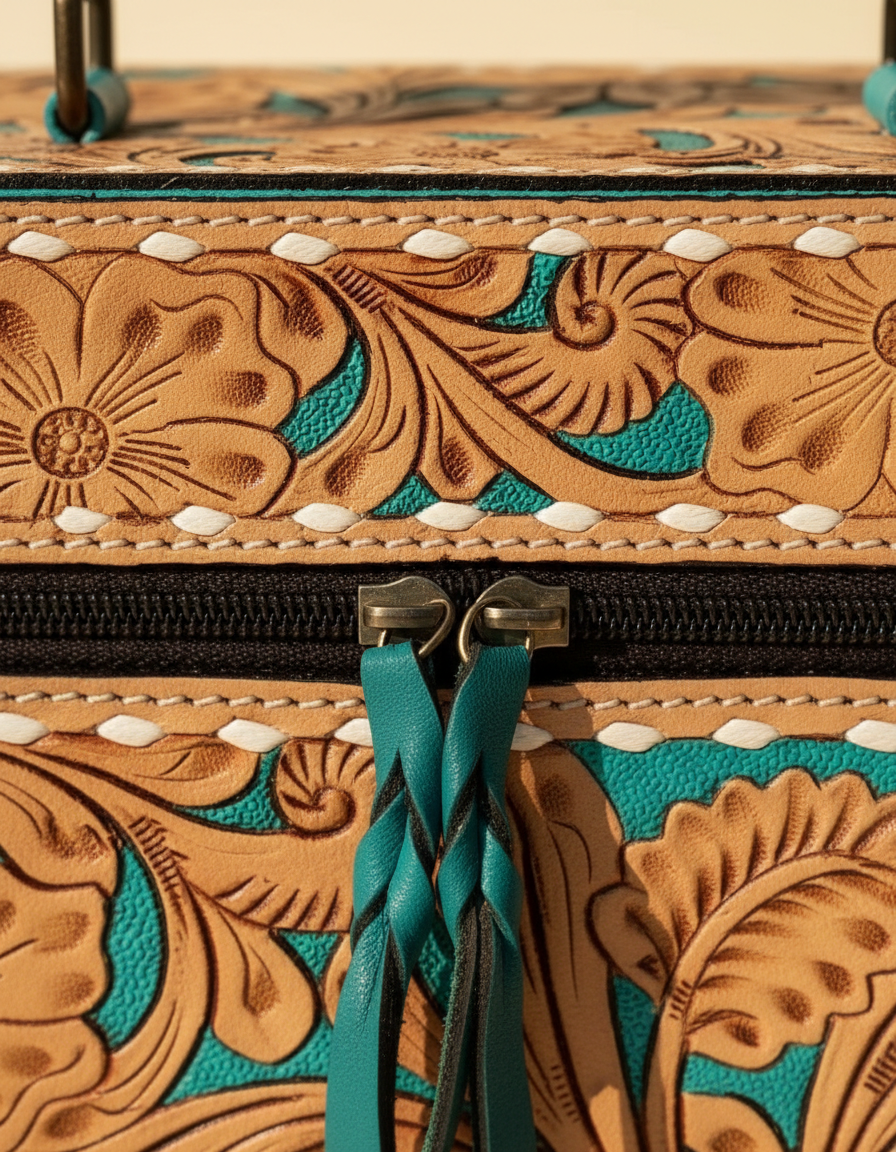 Western artisan leather cosmetic vanity case for travel