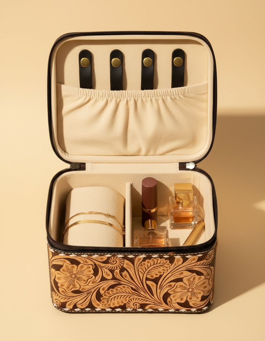 Western artisan leather cosmetic vanity case for travel