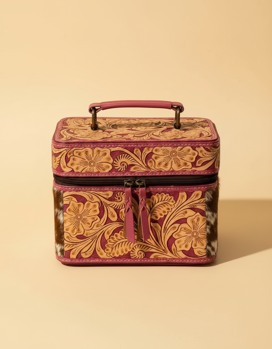 Pink hand-tooled leather vanity case by Ya Qalbi