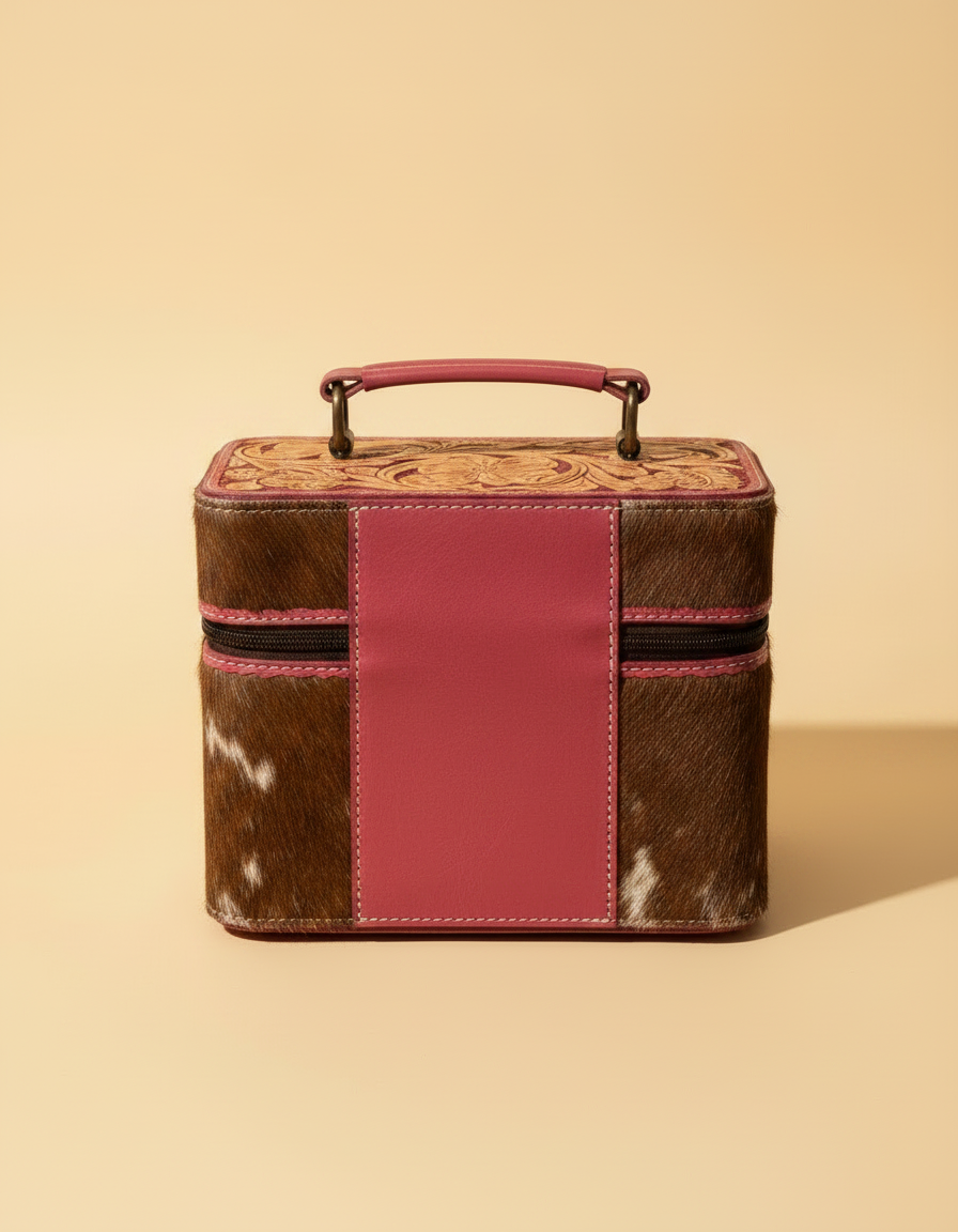 Hand-tooled leather makeup bag with hair-on cowhide and brass hardware