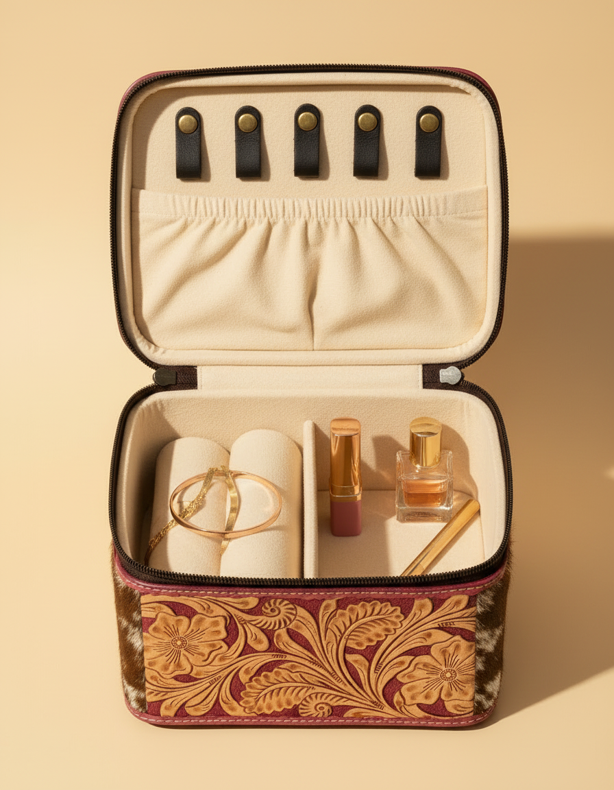 Western artisan leather cosmetic vanity case for travel