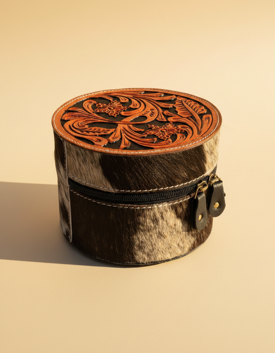 Round brown hair-on cowhide jewellery case with tooled lid by Ya Qalbi
