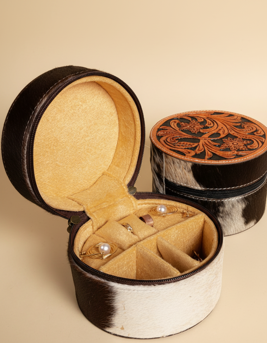 Hand-tooled leather makeup bag with hair-on cowhide and brass hardware