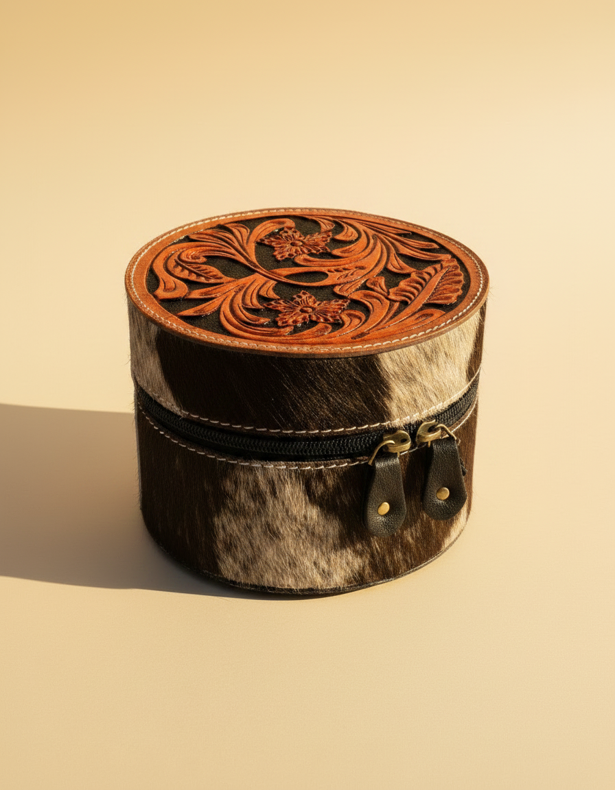 Western artisan leather cosmetic vanity case for travel