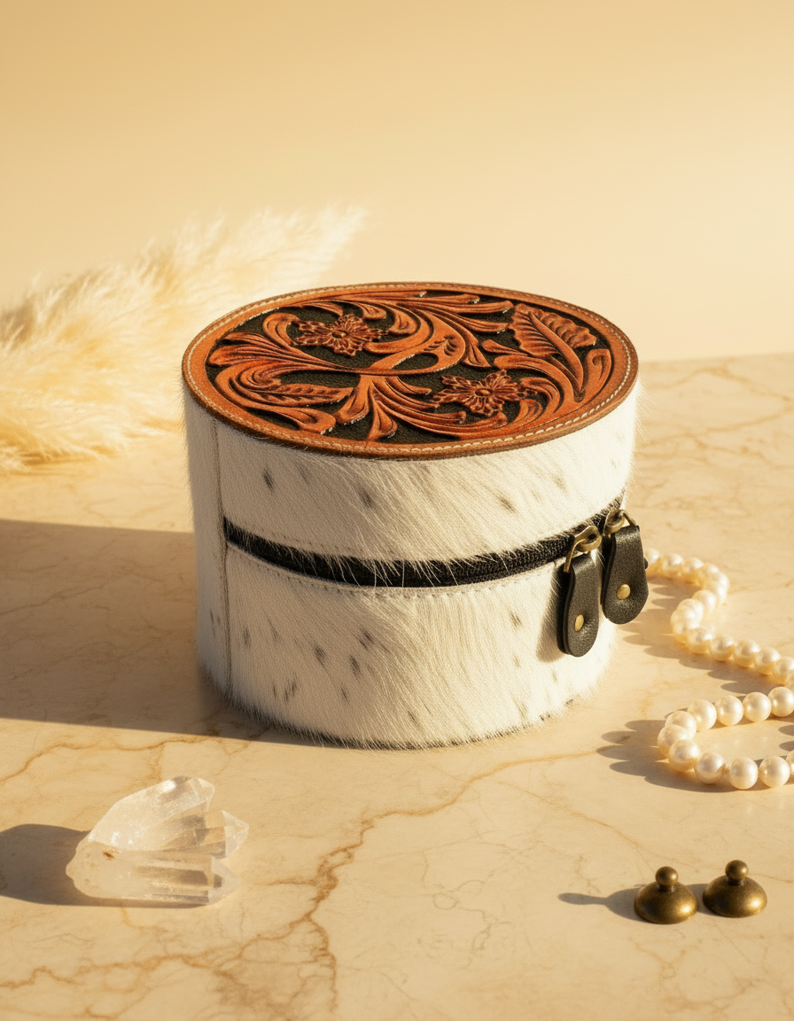 Hand-tooled leather makeup bag with hair-on cowhide and brass hardware