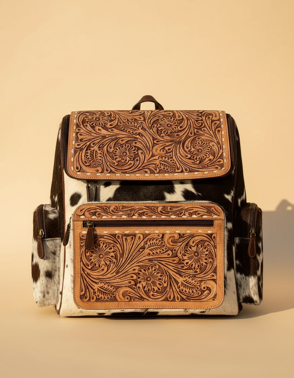 Maharani Western leather backpack purse with hair-on cowhide | Ya Qalbi