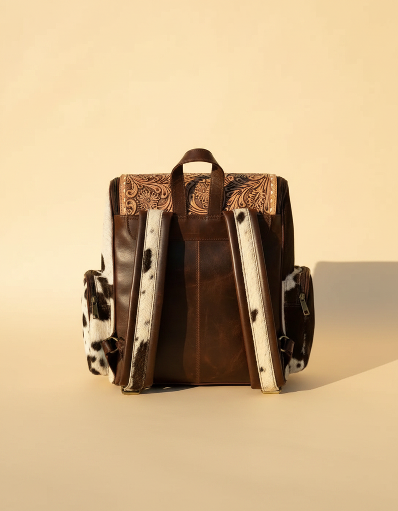Brown and White Hair-On Leather Backpack – Tan Tooled Flap