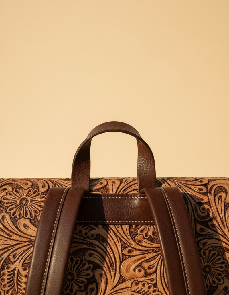 Brown and White Hair-On Leather Backpack – Tan Tooled Flap